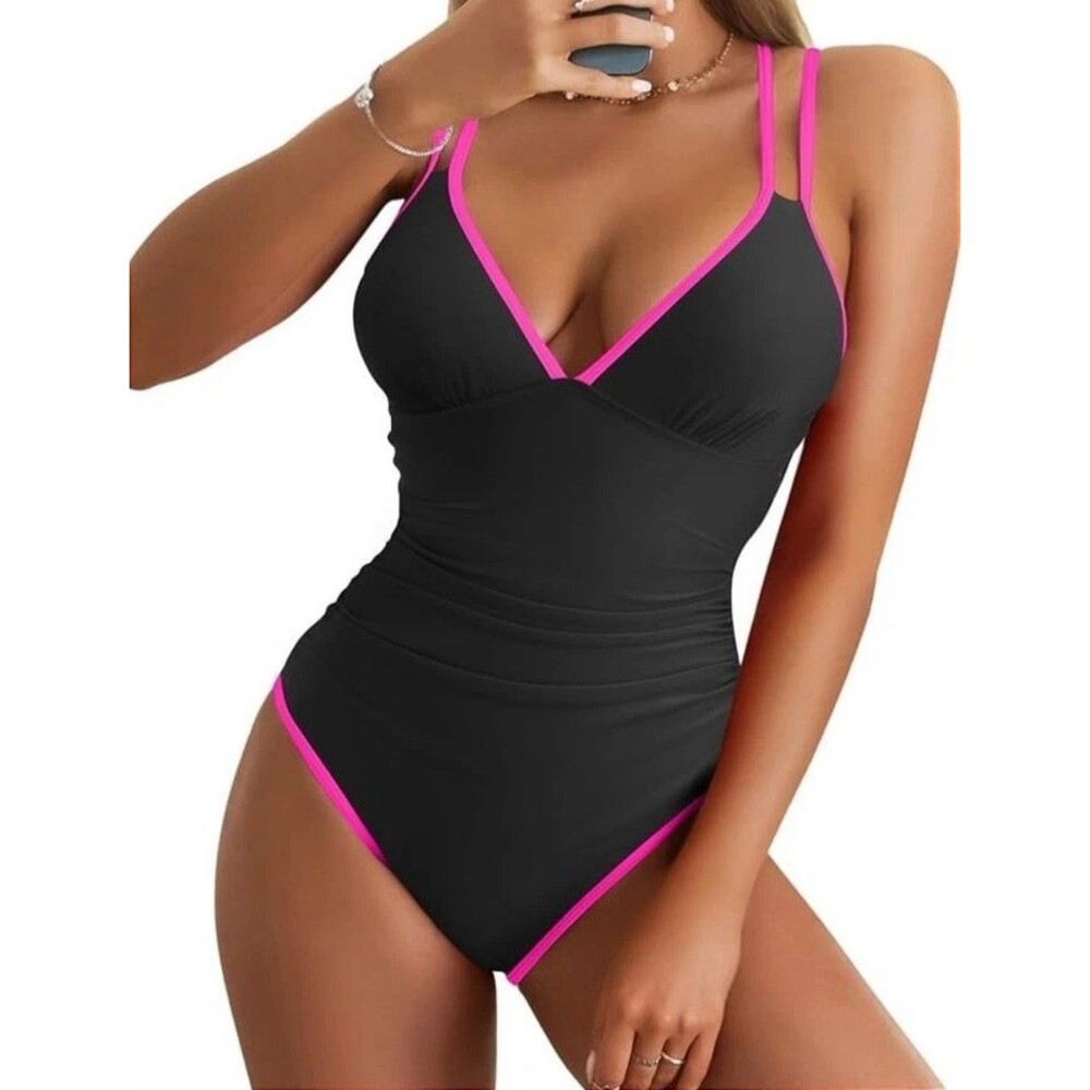 B2 PRITY One Piece Swimsuit Tummy Control Black and Pink XL